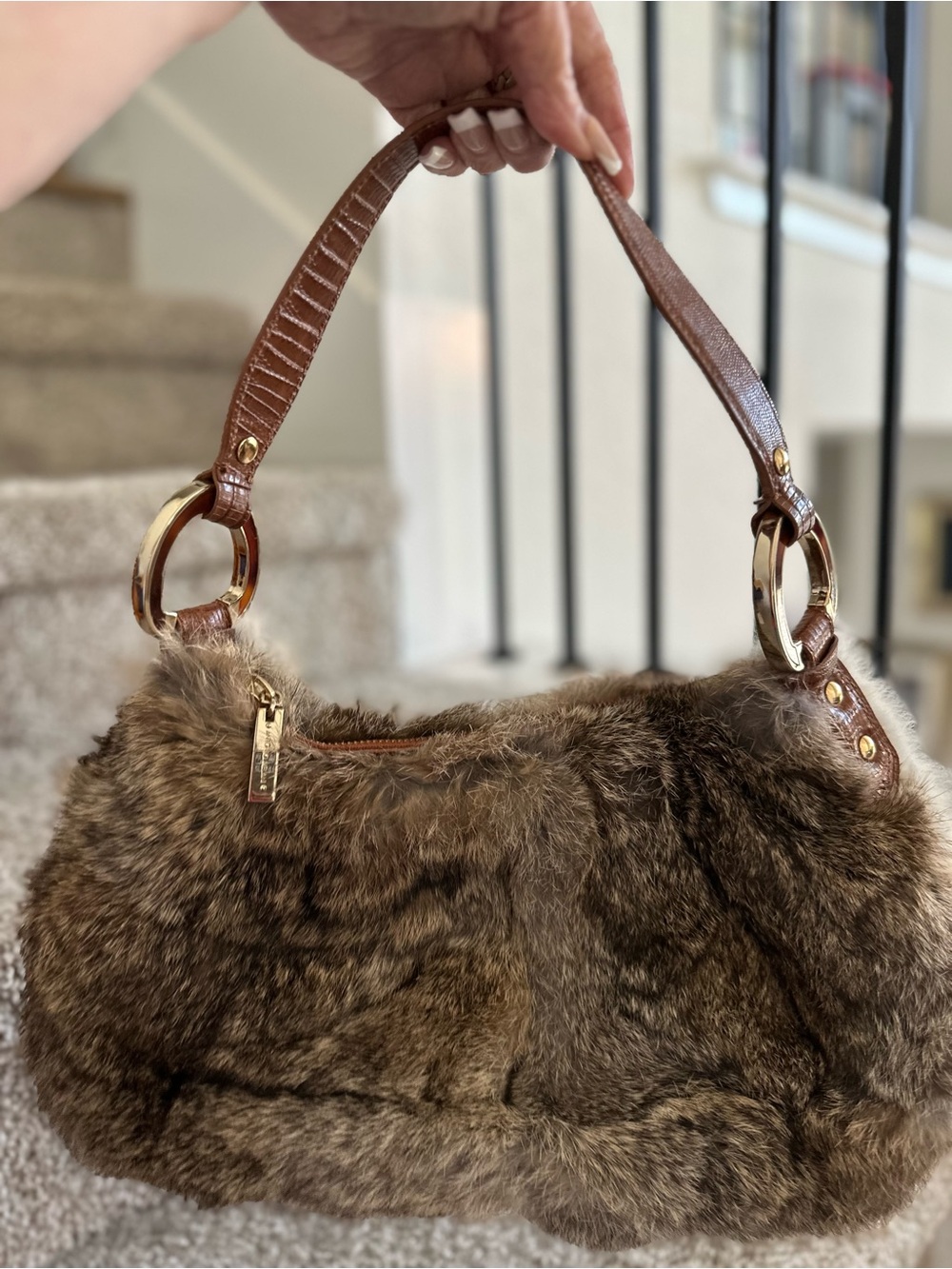 ANTONIO MILANI Brown Faux Fur Handbag with Croc-Effect Strap - NEW